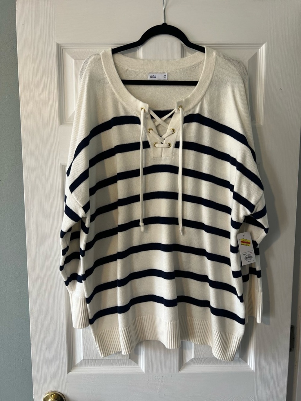 croft & barrow Cream and Navy Lace-Up V-Neck Stripe Sweater